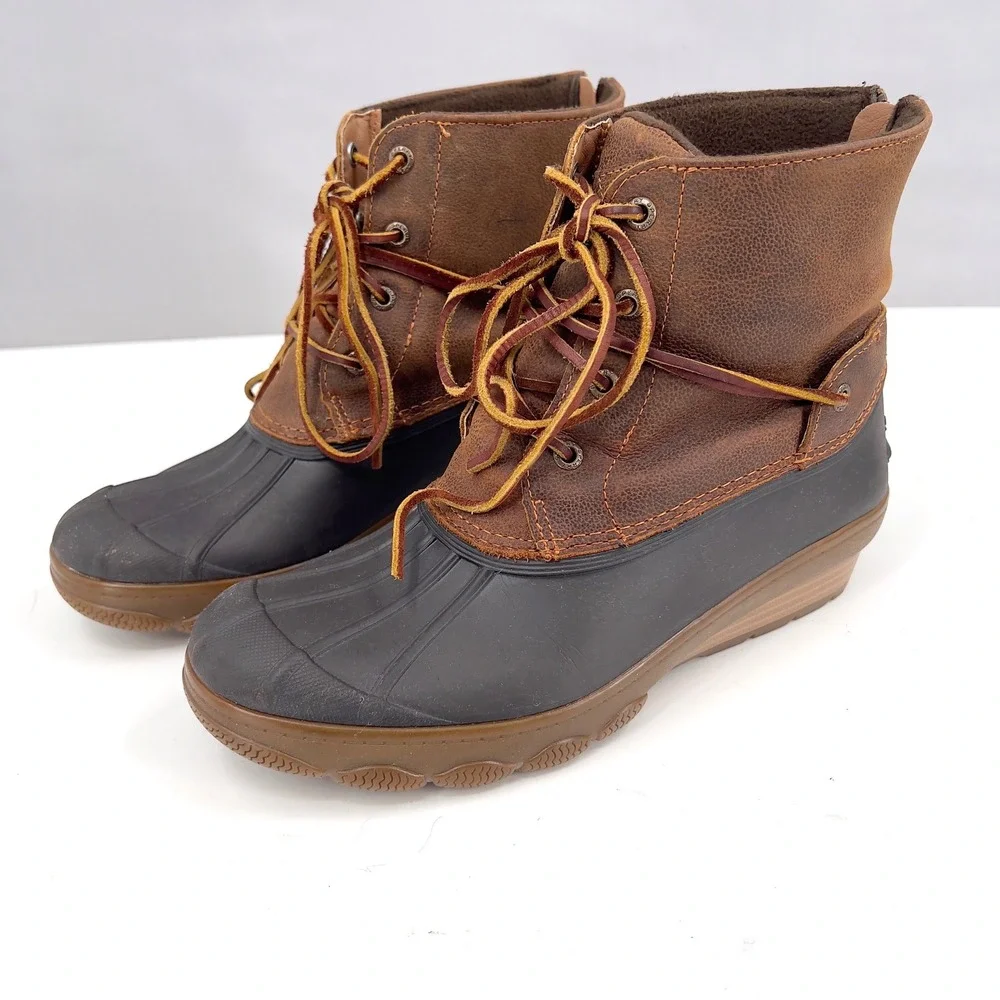 Sperry Saltwater Wedge Womens Duck Boot Tan Brown Leather Rubber Zip‎ 9.5